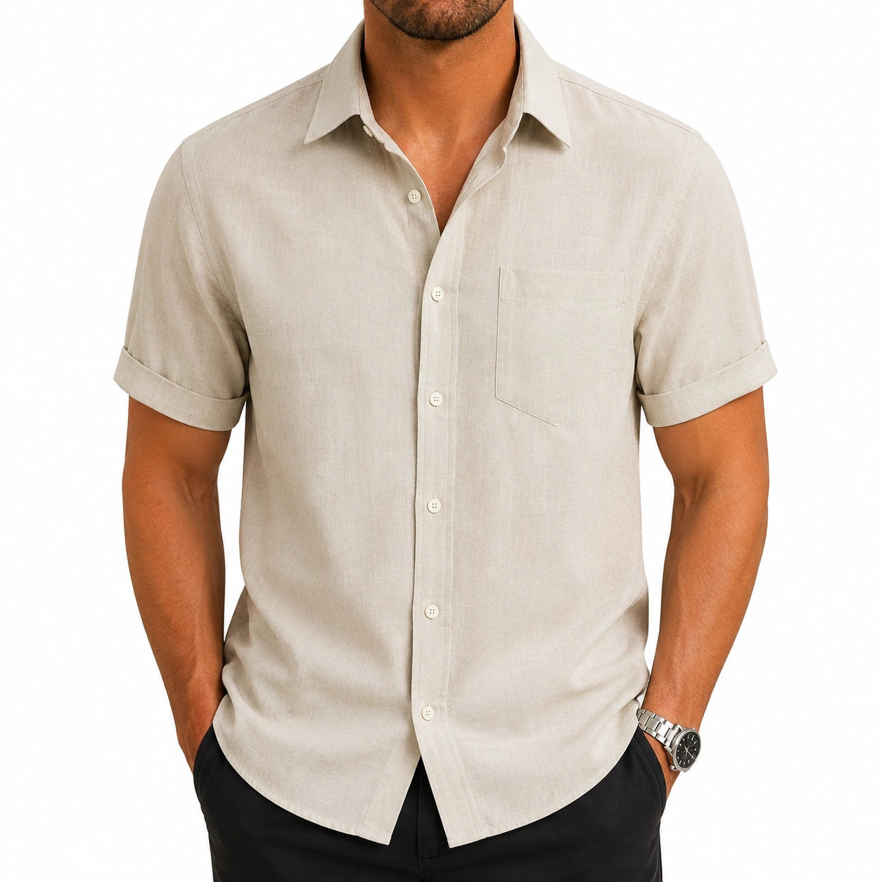 Chemise homme M en lin beige à manches courtes style décontracté