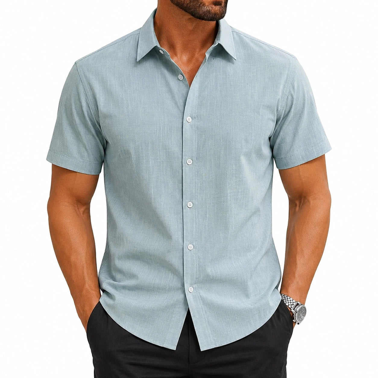 Chemise homme M bleu gris à manches courtes col classique style décontracté