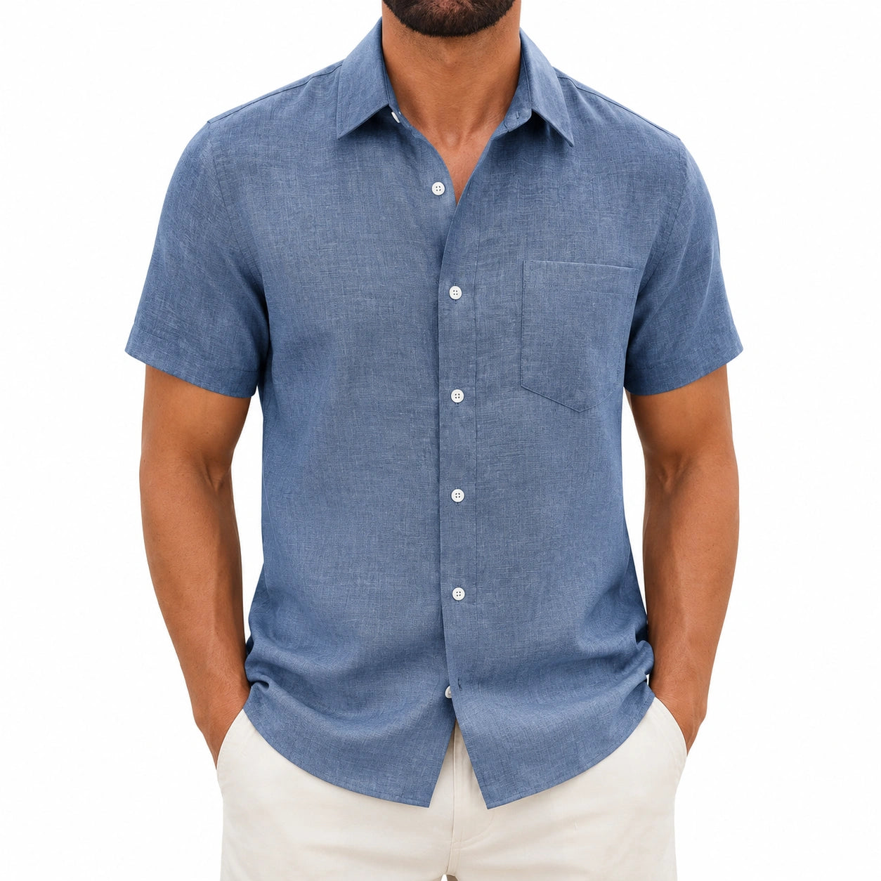 Chemise homme L bleue en tissu tissé à manches courtes style décontracté