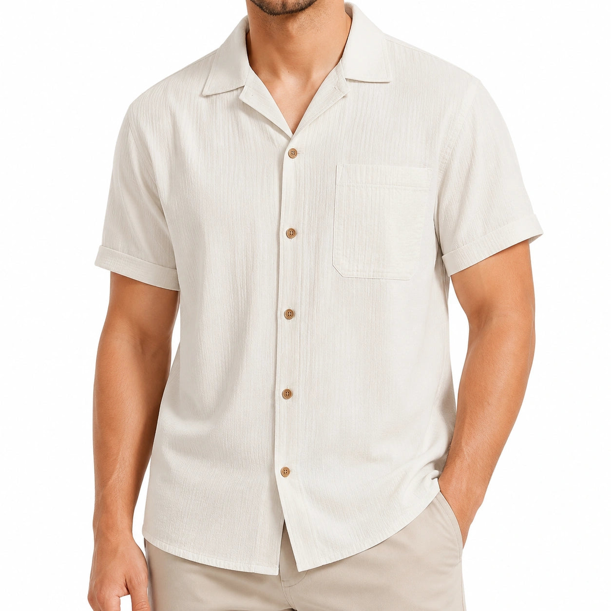 Chemise homme L blanc cassé en tissu texturé à manches courtes style décontracté