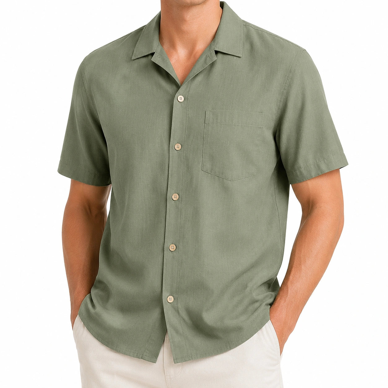 Chemise homme L en tissu tissé vert kaki à manches courtes style décontracté