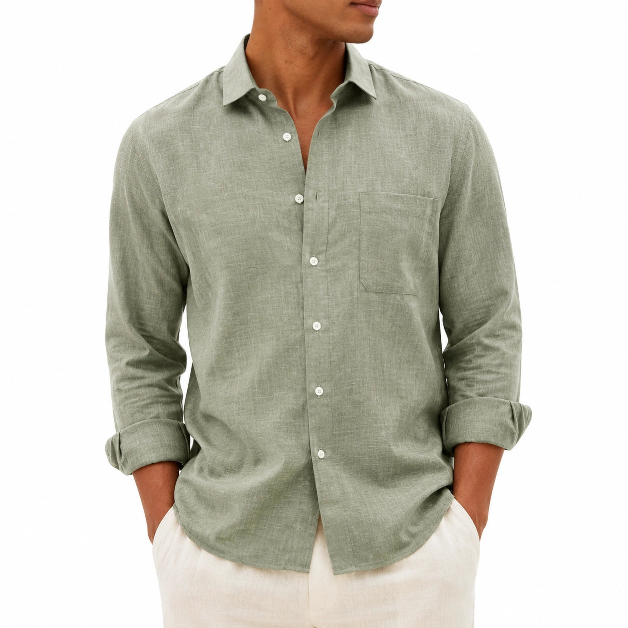 Chemise homme taille M en tissu aspect lin vert sauge à manches longues avec poche poitrine