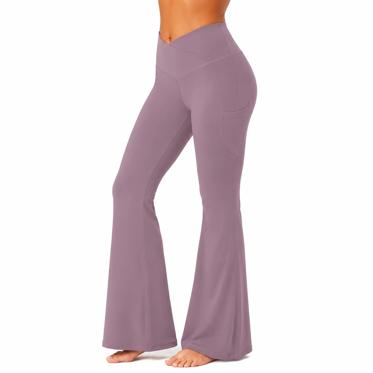 Pantalon de yoga femme S en tissu extensible mauve taille haute évasé
