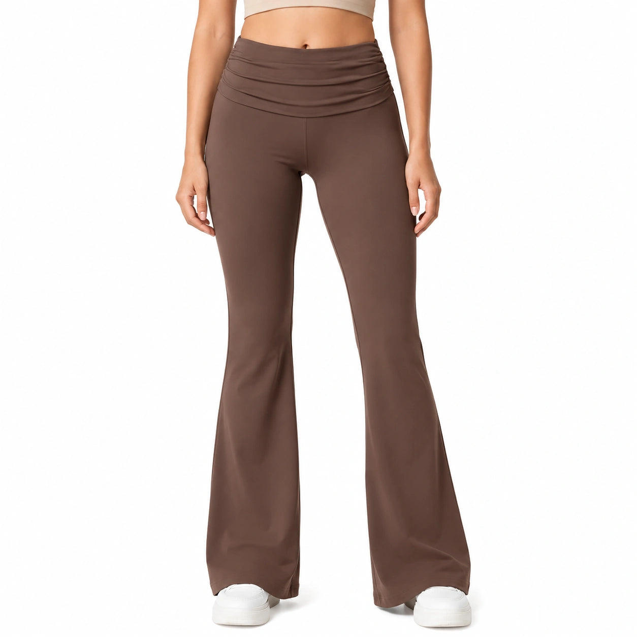 Pantalon femme taille S en tissu extensible marron à jambes évasées