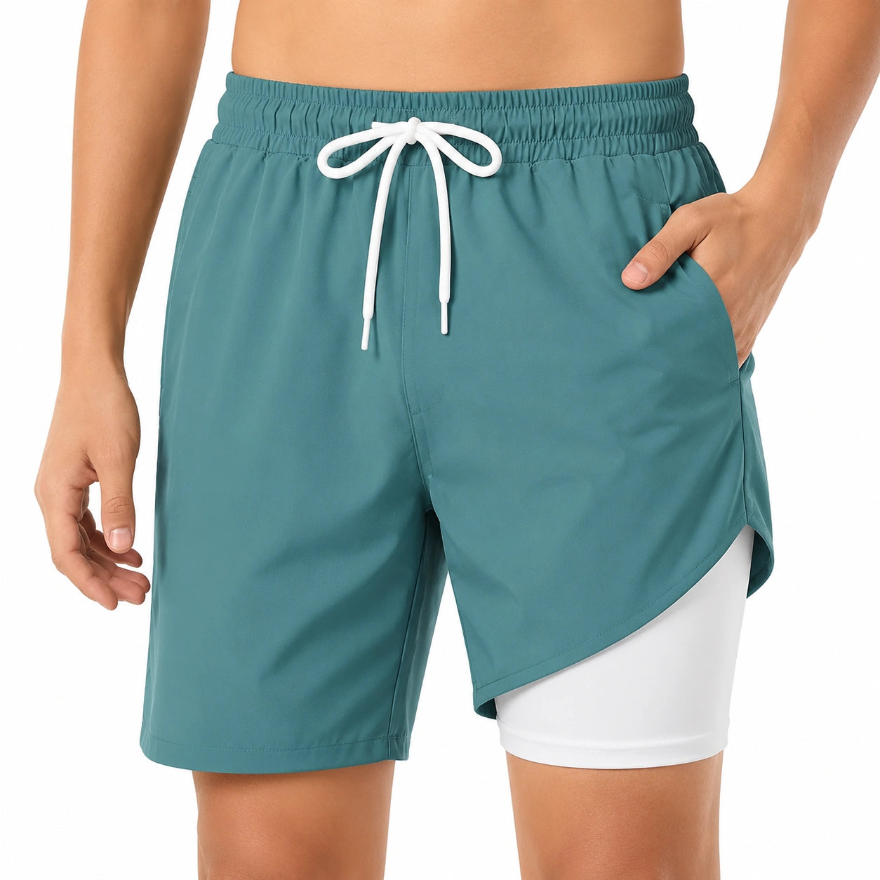 Short de bain homme M turquoise avec doublure blanche taille élastique et poches