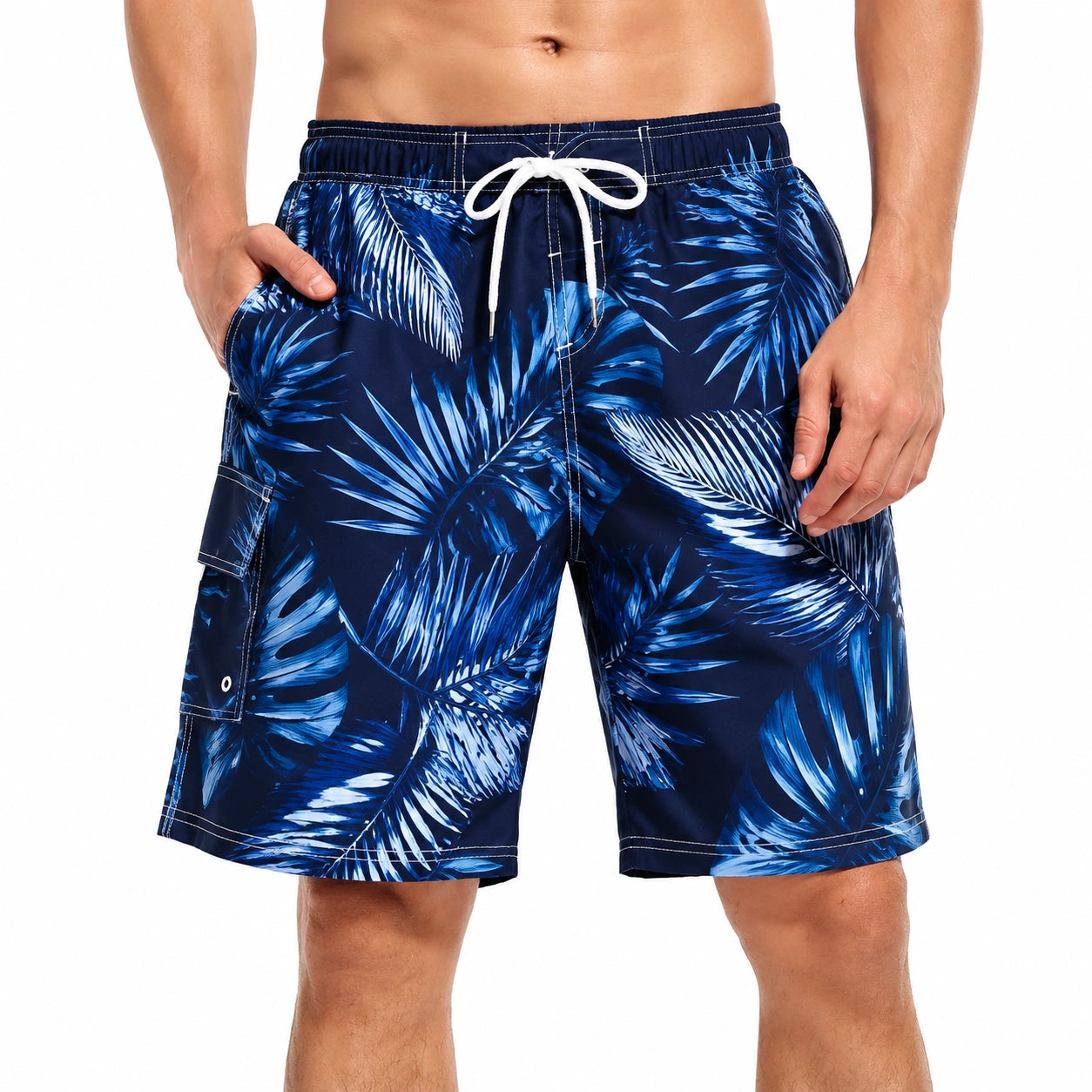 Short de bain homme taille M tissu synthétique bleu marine motif feuillage avec cordon de serrage