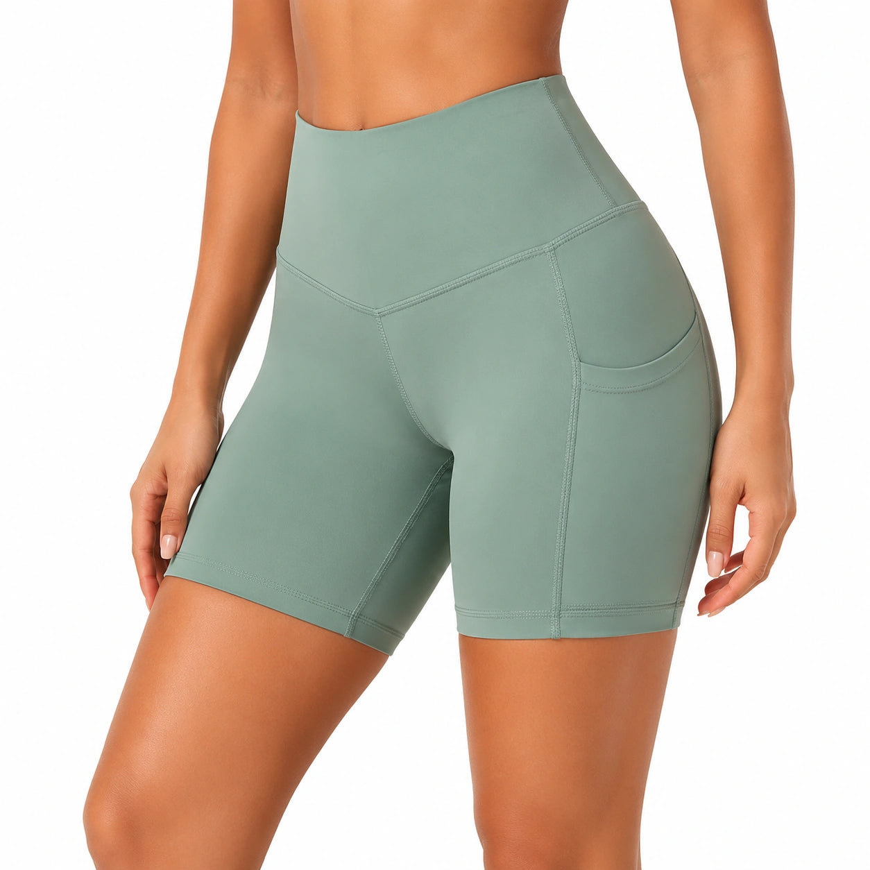 Short cycliste femme taille L en tissu extensible vert sauge à taille haute avec poche latérale