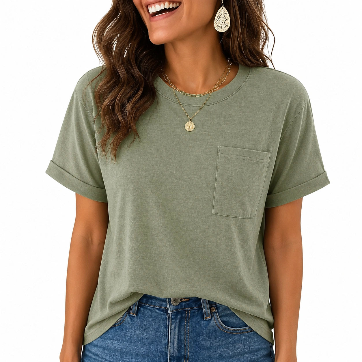 T-shirt femme taille S en tissu vert sauge à poche coupe décontractée