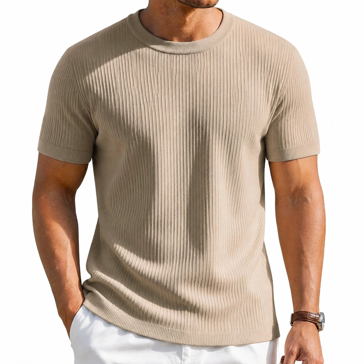 T-shirt homme M en maille côtelée beige à manches courtes style décontracté