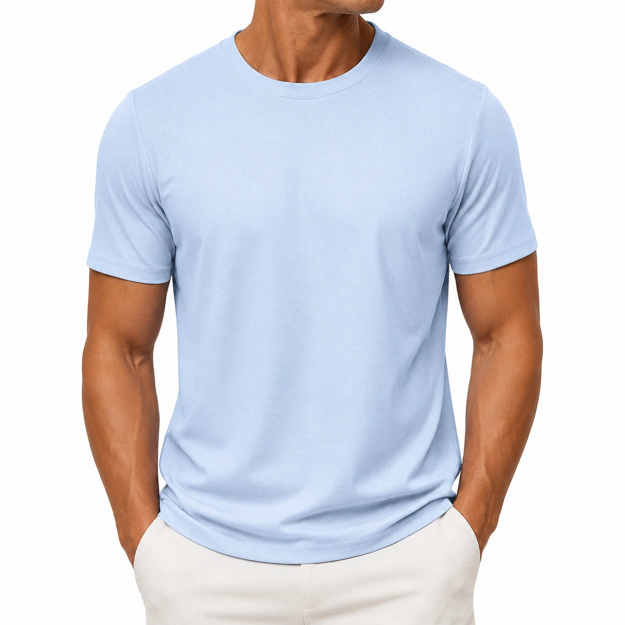 T-shirt homme L bleu clair en maille à col rond manches courtes