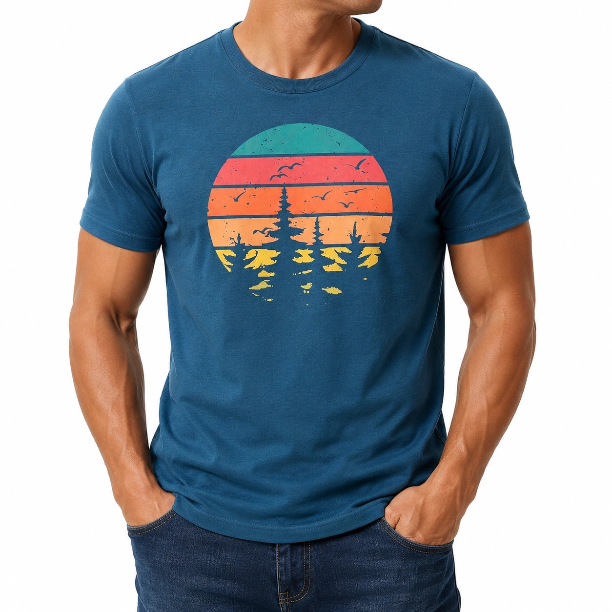 T-shirt homme L bleu en textile imprimé paysage à manches courtes