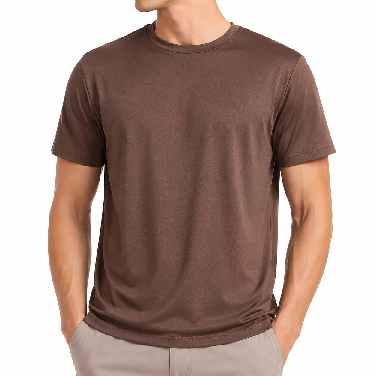 T-shirt homme L en tissu synthétique marron col rond coupe droite