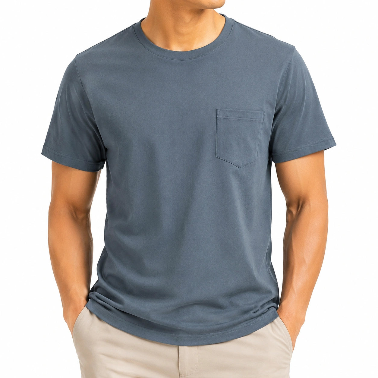 T-shirt homme M bleu ardoise à manches courtes avec poche poitrine coupe droite